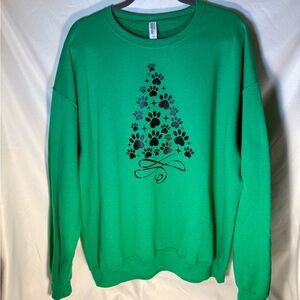 Jerzees Green Crewneck Sweater with Paw Print Tree